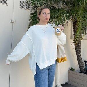 Aerie Waffle Knit Long-Sleeve White Crewneck, Size S